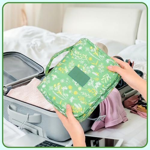 Pengxiaomei Hanging Toiletry Bag, Green Floral Waterproof Cosmetic Bag Portable Makeup Pouch Wash Bag with Handle for Woman Teen Girls Tea Party Summer Camp - color: Green