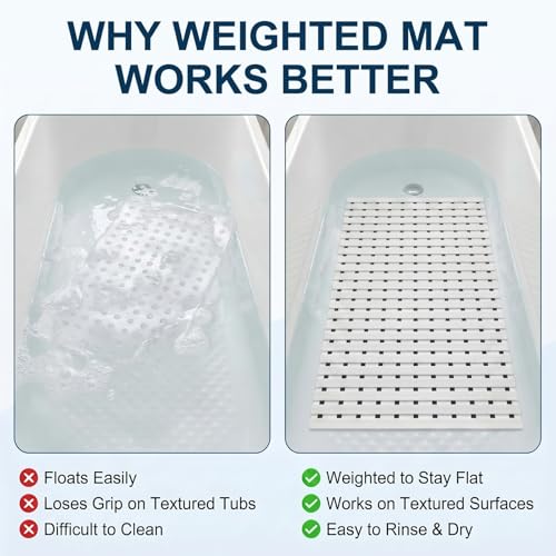 AceOrbit Weighted Non Slip Bath Mat for Textured tub, Heavy Duty Anti Slip Bath Mat for Bathtub and Shower Surfaces, Without Suction Cups for Textured, Reglazed, Refinished Tub(White,32 x 17 Inch) - color: White, size: 32 x 17 inches