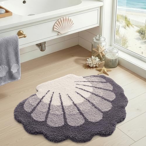 DEXI Seashell Bathroom Rugs Non Slip Washable, 38x30 Ultra Soft Cute Bath Mats for Bathroom Absorbent Quick Dry, Coastal Sea Bathmat for Shower Floor, Tub, Sink, Grey - color: Scallop Grey-large