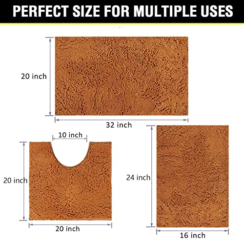 Bathroom Rugs Chenille 3-Piece Extra Soft and Absorbent Shag Bathroom Rugs, Machine Wash Mat, Strong PVC Non-Slip Underside, Plush Carpet Mats (Champagne) - color: Champagne, size: 2'8" x 1'8" (16x24"+20x32"+20x20"U shape）