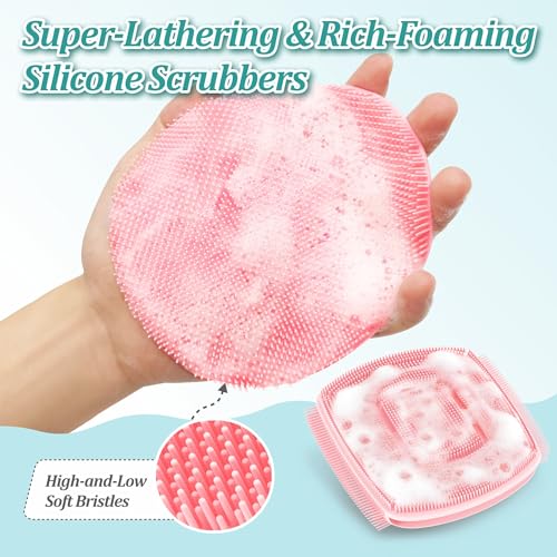 Silicone Body & Face Scrubber Set, 360° Anti-Slip & Hand-fit Silicone Shower Scrubber for Rich Foaming Deep Cleaning, Unique Facial Scrubber with Side-bristles for Contoured Areas.(Pink) - color: Pink Set