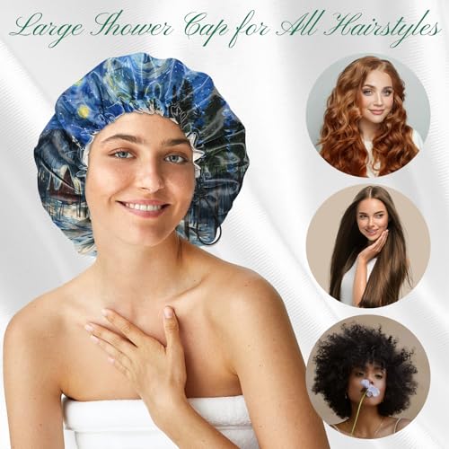 2 PCS Shower Cap Waterproof Double Layer Elastic Adjustable Reusable Hair Bath Caps for Girls Women Cute Aesthetic-Blue - color: G9-Blue