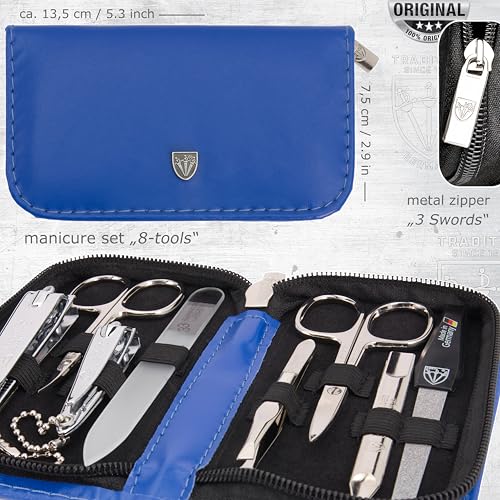 3 Swords Germany - brand quality 8 piece manicure pedicure grooming kit set synthetic leather case blue - Made in Germany - color: BLUE