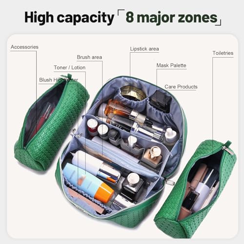 BOYATU Travel Makeup Bag Cosmetic Bags for Women: Large Capacity 3 Pcs Set Make up Bag with Compartments - Waterproof Vegan Leather Toiletry Organizer Bags with Handle (L38 Green) - color: L38 Green