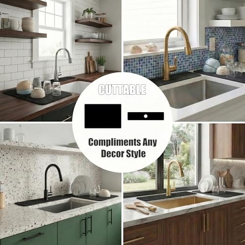 Customizable 24x5.5 Kitchen Sink Faucet Mat & 24x16 Dish Drying Mat Set | Absorbent Microfiber Splash Guard Trimmable to Fit 2 & 3 Holes Faucet & Soap Dispenser - Cuttable Counter Protector