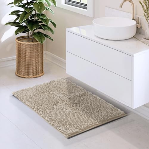 Hearth & Harbor Bathroom Rugs, Chenille Bath Mat - Machine Washable Bath Mats for Bathroom Non-Slip Backing Rubber, Quick Dry Bathroom Mat - color: Beige, style: 17 x 24