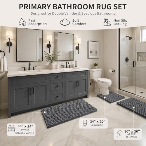 Yimobra Bathroom Rug Set 3 Piece - Super Absorbent Quick Dry Chenille Bath Mats & Toilet Rug, Non Slip Machine Washable, Extra Thick Shaggy Floor Mat for Shower Tub Sink, Dark Gray - color: Dark Gray, size: 24"x20" + 30"x20"+ 44"x24"