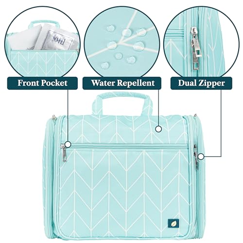 PAVILIA Large Hanging Makeup Bag and Toiletry Organizer for Women, Travel Cosmetic Case with 10 Compartments, Swivel Hook and 3 Leakproof Pockets, Packs Flat, Teal Chevron - color: Teal Chevron