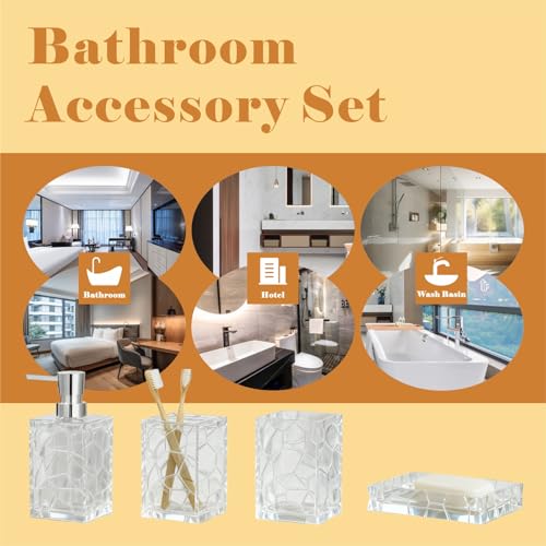 Bathroom Accessories Set 4 PCS Acrylic Countertop Set with Soap Dispenser,Toothbrush Holder,Tumbler,Soap Dish,Boho Modern Bathroom Decor,Gift for Women & Men (White)