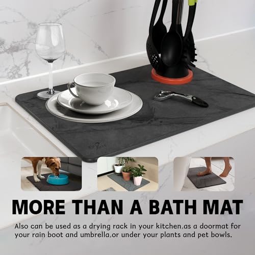 Stone Bath Mat,Diatomaceous Earth Shower Mat,Fast-Drying Stone Bathroom Floor Mat,Absorbent Non-Slip Diatomite Mats for Bathtub,Grey Marble - color: Grey Marble-24*16-1 Pack