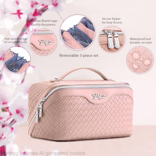 BOYATU Travel Makeup Bag Cosmetic Bags for Women: Large Capacity 3 Pcs Set Make up Bag with Compartments - Waterproof Vegan Leather Toiletry Organizer Bags with Handle (L04 Light Pink) - color: L04 Light Pink