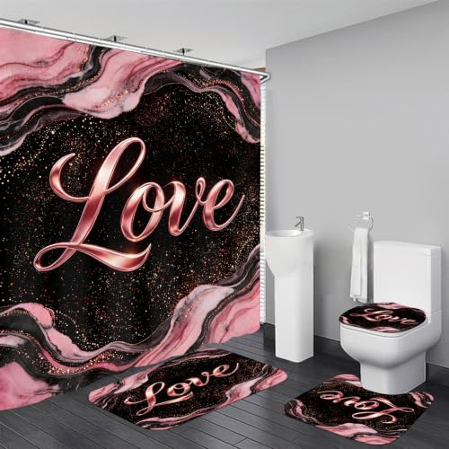 Chrainy 4pcs Love Pink and Black Shower Curtain Set for Bathroom Marble Veining Bathroom Decor Sets with Shower Curtain and Rugs - color: Pink and Black