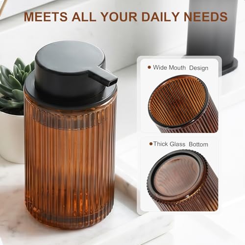 KASUNTING Foaming Soap Dispenser, Amber Glass Foam Hand Soap Dispenser for Bathroom, 11 Fl Oz Ribbed Refillable Foaming Pump Bottle with Black Pump, Modern Dish Soap Foam Dispenser - color: Amber Bottle+ Black Pump, size: Foam-1 Pack