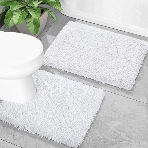Yimobra Bathroom Rugs Sets 2 Piece, Soft Absorbent Bath Mat and U-Shaped Toilet Rug with Non Slip Backing, Luxury Shaggy Bath Mats for Bathroom, Machine Washable, 24"x17"+24"x20", White - color: White, size: 24x17 + 24x20 Inch