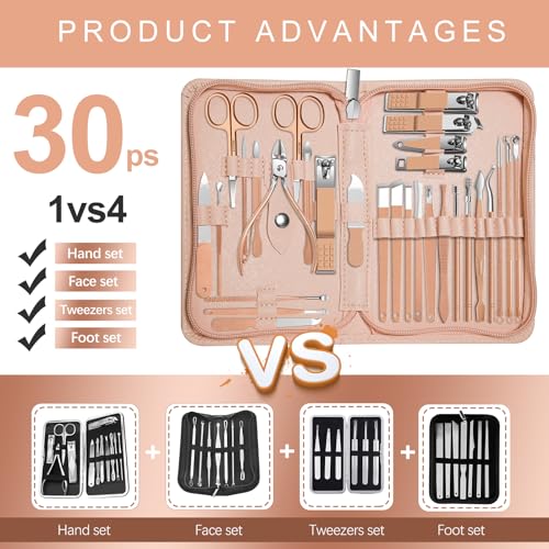 Manicure Set 30 in 1 Nail Clippers Set,Nail Manicure Kit for Women,RedFlow Toenail Clippers,Pedicure Kit,Pedicure Tools,Suitable for Travel Manicure Tools (Rose Gold) - color: Rose Gold