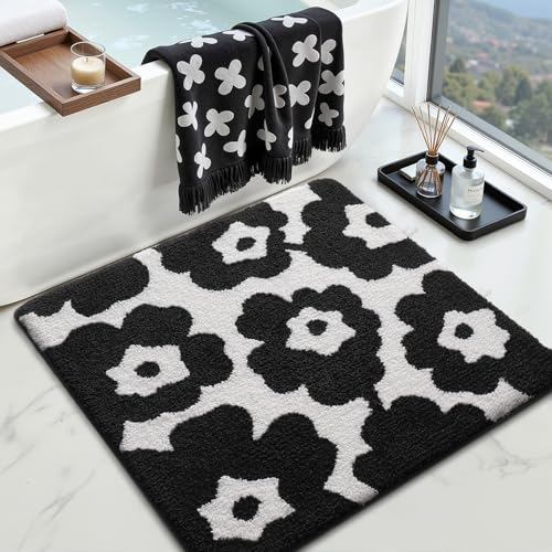 LUMI Floral Bathroom Rugs, Soft Absorbent Square Bath Mat, Non-Slip Quick Dry Luxury Rug, Flower Black White Mats for Shower Floor, Bathtub, Home Decor, Modern Aesthetic, 26"x26" - color: A-flower Black, size: 26"x26"(Square)