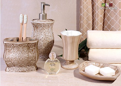 Creative Scents Victoria Beige Bathroom Trash Can Wastebasket 1.3 Gal / 5L | Decorative Round Waste Basket for Bathroom, Bedroom , Powder Room or Living Room Decor - style: Trash Can