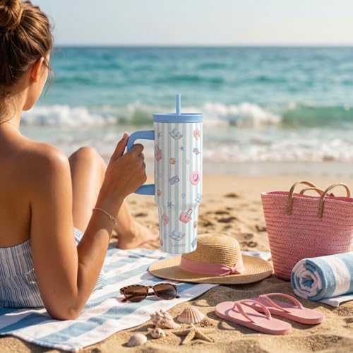SANDJEST Beach Lover Stainless Steel Locking Lid Silicone Straw Tumbler with Handle 40oz, Insulated Stainless Steel Travel Cup for Women Girls Friends, Gift Idea for Birthday Vacation (Picnic Basket) - color: Beach Lover 2