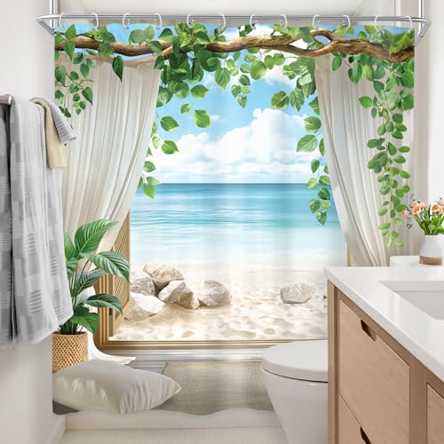 Newsely Ocean Beach Shower Curtain 72Wx72L Inch Beachy Blue Sea Coastal Summer Tropical Hawaii Nature Leaves Plant Bathroom Set Landscape Modern Chic Waterproof Bath Decoration Accessories Home Decor - color: B-01beach, size: 72"W x 72"L (Pack of 1)