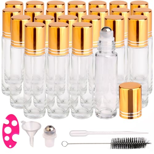 inice 24 Pack Clear Galss Roller Bottles,10ml Roll On Bottles Stainless Steel Roller Balls Metal Cap for Aromatherapy Essential Oils Applicator - color: 24 PACK Clear Rolelr Bottles