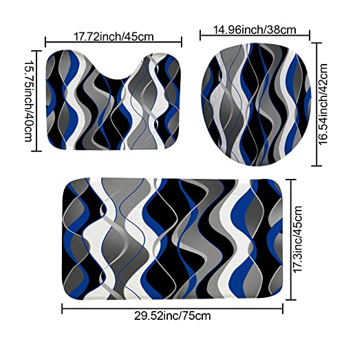 4Pcs Blue Shower Curtain Sets with Non-Slip Rugs, Toilet Lid Cover and Bath Mat, Black and Gray Bathroom Decor Set Accessories Fabric Waterproof Shower Curtains with 12 Hooks, 72 x 72 Inch - color: Blue