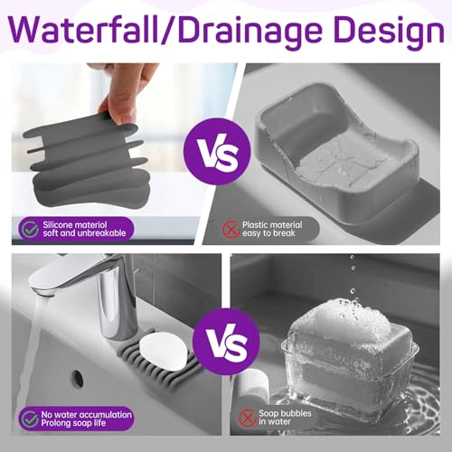 2 Pcs Self Draining Silicone Soap Holder - Waterfall Design Soap Dishes for Bathroom, Keeps Soap Bars Dry & Clean, Grey - color: Grey