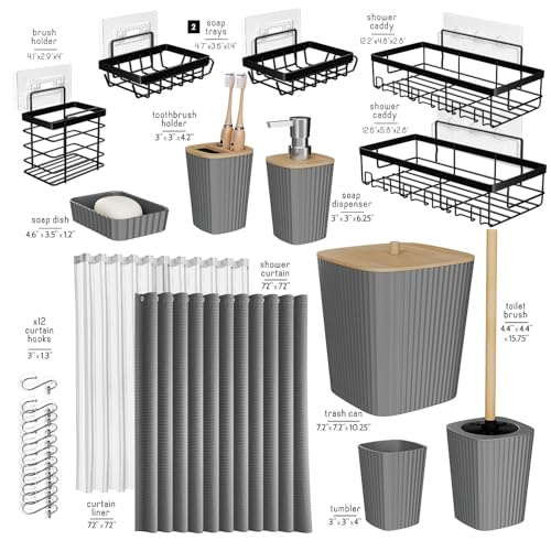Clara Clark Bathroom Accessories Set - Bathroom Set with Adhesive Corner Shower Caddy Hanging, 25PC Bathroom Accessory Set, Grey Shower Curtain Set, Toilet Brush, Trash Can & Soap Dispenser - color: Grey, size: Complete Set + Shower Caddy