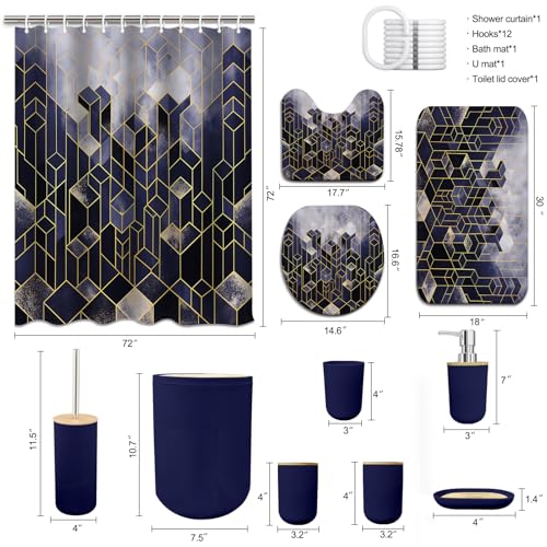 Lnond Blue Bathroom Set, Blue Abstract Cubes Bathroom Accessories Sets Complete, Luxury Restroom Set with Shower Curtain and Rugs, Trash Can, Toilet Brush Holder Set & Soap Dispenser - style: Blue