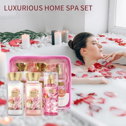 Rose Spa Gift Set For Women - 3PCS Luxury Bath and Body Kit with Shower Gel, Body Lotion & Body Mist - Portable Travel Size Self Care Gift for Mom, Wife, Teens, Friends or Her - size: 3PCS