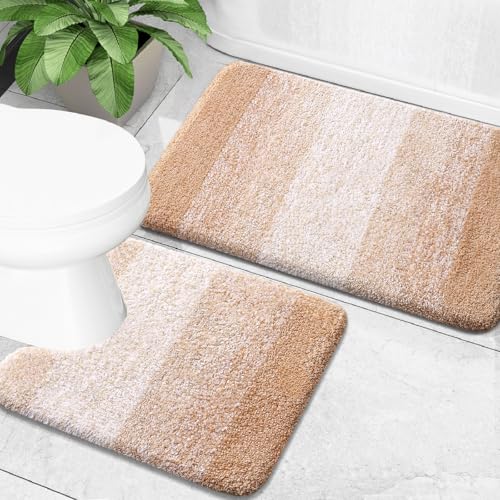 OLANLY Bathroom Rug Set 2 Piece, Soft Absorbent Microfiber Bath Mats and U-Shaped Contour Toilet Rug, Non-Slip, Machine Wash Dry, Plush Shaggy Bath Mats for Bathroom (24"x16"+24"x20", Beige) - color: Beige, size: 24" X 16" + U24" X 20"