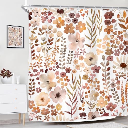 Riyidecor Fall Autumn Shower Curtain for Bathroom Decor 72Wx72H Cute Floral Flower Nature Watercolor Rustic Botanical Plant Herbs Art Printed Fabric Polyester Waterproof 12 Pack Plastic Hooks - color: D-burnt Orange, size: 72"W x 72"L (Pack of 1)