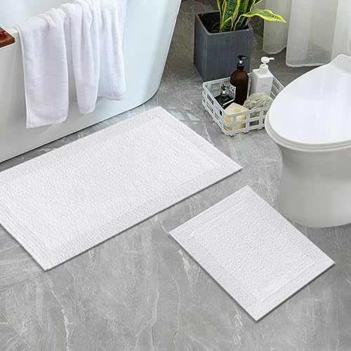 Bedding Craft Cotton Bathroom Mat Set, Reversible Water Absorbent Bath Mat Rug, Machine Washable, 2 Pieces (17x24 + 21x34) - color: White, size: 1'5" x 2' + 1'9" x 2'10" (Rectangular)