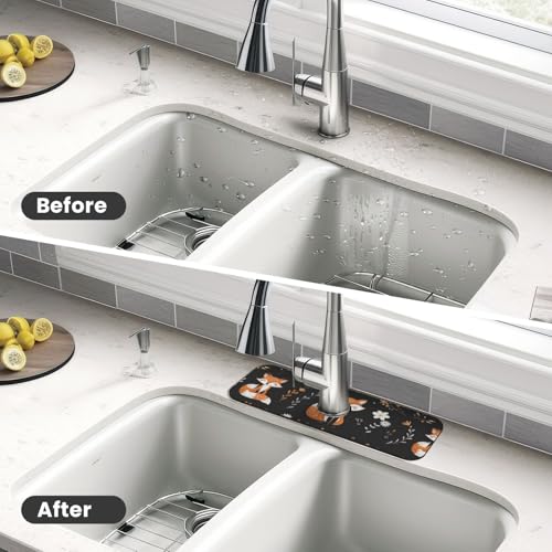 Kitchen Sink Splash Guard Faucet Mat, Cute Happy Fox Diatom Mud Absorbent Draining Mat For Kitchen Sink Bathroom - color: Cute Happy Fox, size: One Size