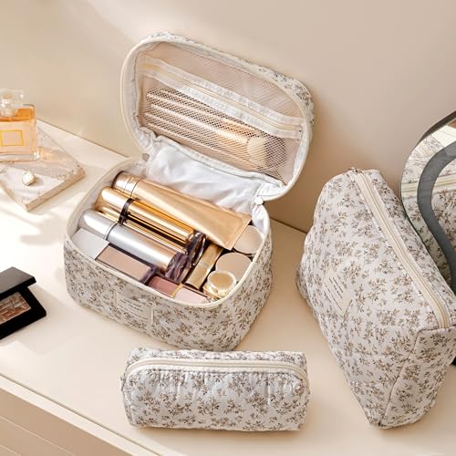 HBselect Quilted Makeup Bag, 3PCS Cotton Large Travel Makeup Bag, Cute Floral Coquette Make up Bag Cosmetic Bag Toiletry Bag for Women Girls - color: A-3PCS-Floral 23