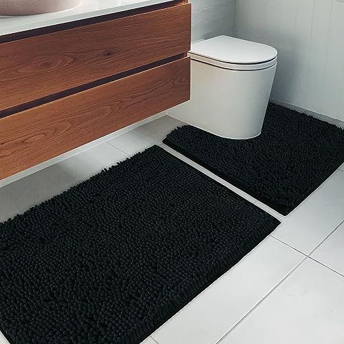 Bathroom Rugs Chenille Bath mat 2 Piece Set, Super Absorbent, Strong PVC Non Slip Backing, Bath mats for Bathroom, Plush Shaggy, Thick, Machine Washable, Bathtub, Shower, Toilet.(Black) - color: Black, size: 20''×20''U-Shape+20''×32''
