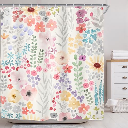 Riyidecor Extra Long Shower Curtain for Bathroom Decor 72Wx84H Boho Wildflower Watercolor Plant Leaves Botanical for Girl Colorful Floral Art Printed Fabric Polyester Waterproof 12 Pack Plastic Hooks - color: A-pink, size: 72"W x 84"L (Pack of 1)