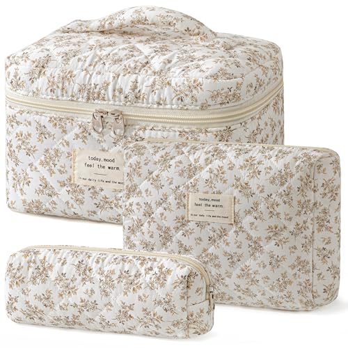 HBselect Quilted Makeup Bag, 3PCS Cotton Large Travel Makeup Bag, Cute Floral Coquette Make up Bag Cosmetic Bag Toiletry Bag for Women Girls - color: A-3PCS-Floral 23