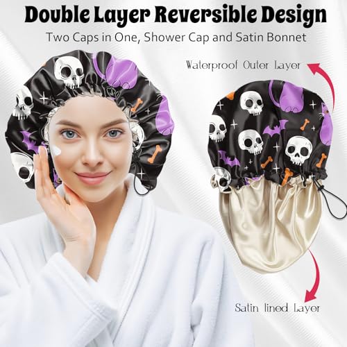 Luxury Shower Cap Satin Lined Reusable Waterproof Double Layer Elastic Adjustable Hair Bath Cap Cute Aesthetic Women Girls-Cat - color: F11-Cat