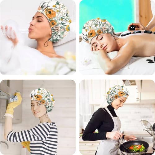 2 PCS Shower Cap Reusable Waterproof Double Layers Hair Caps Shower Bath Adjustable Elastic Hat for Women Girls Cute Aesthetic-Orange Flower - color: AI15-Orange Flower
