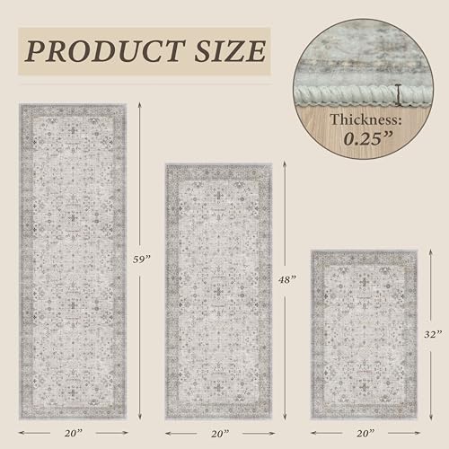 JTJ 3 Piece Kitchen Rug Set with Runner, Vintage Distressed Washable Kitchen Mats, Non Slip Low Pile Floor Rugs for Sink Area, Farmhouse Entryway, Laundry Room & Hallway, Light Grey Beige - color: Light Gray / Sage