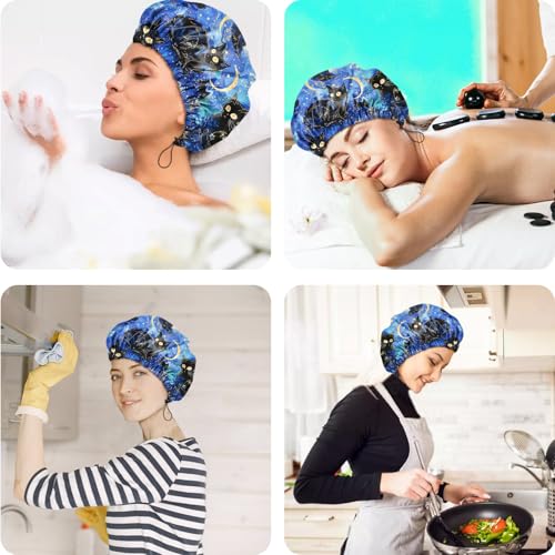 2 PCS Shower Cap Reusable Waterproof Double Layers Hair Caps Shower Bath Adjustable Elastic Hat for Women Girls Cute Aesthetic-Flower Black Cat - color: AI4-Flower Black Cat