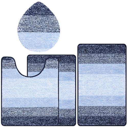 Bsmathom Bathroom Rugs Sets 4 Piece, Soft Absorbent Microfiber Bath Rugs with U-Shaped Contour Toilet Rug and Toilet Lid Cover, Thick Non-Slip Plush Shaggy Bath Mat Set,Navy Blue - color: Navy Blue, size: 18"x26"+20"x31"+U20"x24"+Cover19"x21"