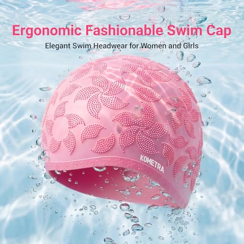 Women Swim Cap 2 Pack for Long Hair, Silicone Flower Adult Swimming Caps Waterproof for Girl Youth No Wet Hair - color: Black & Pink