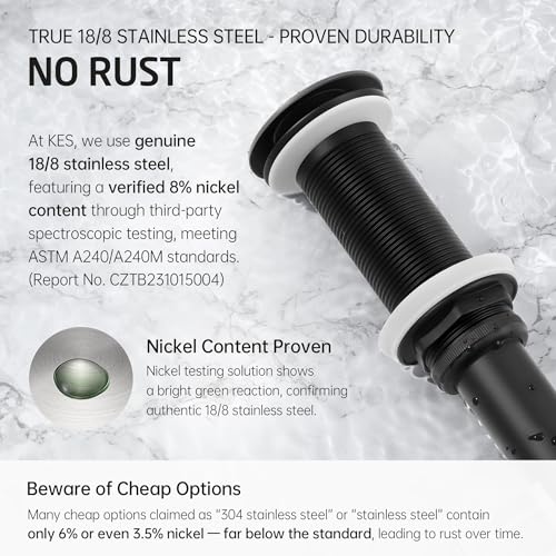 KES Bathroom Sink Drain with Extended Thread, All Metal Pop Up Drain Stopper without Overflow for Thicker Vessel Sinks and Countertops, Brass and Stainless Steel Matte Black, S2022D-BK - color: Matte Black, style: NO Overflow, Long Thread