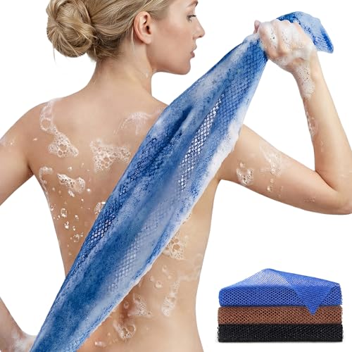 African Bath Sponge African Net Long Net Bath Sponge Exfoliating Shower Body Scrubber Back Scrubber Skin Smoother,Great for Daily Use (Black,Blue,Coffee) 3 Pack - color: Black,blue,coffee
