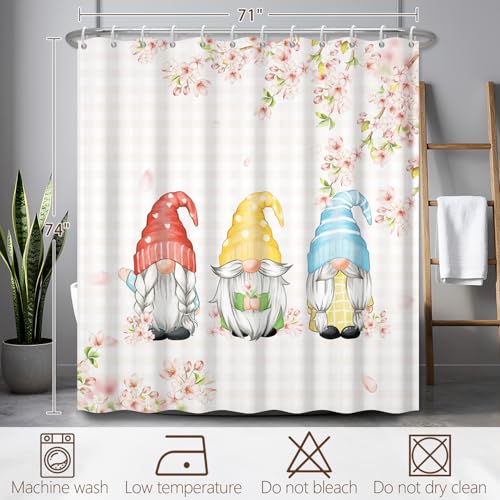 Fabric Shower Curtain with Hooks, Waterproof & Washable & Polyester, Spring Pink Gnome Cherry Floral Shower Curtains for Bathroom, Funny Cute Anime Rusitc Bathroom Curtain, House Gift, 71x74 Inch - color: Spring Cherry Floral Gnomes