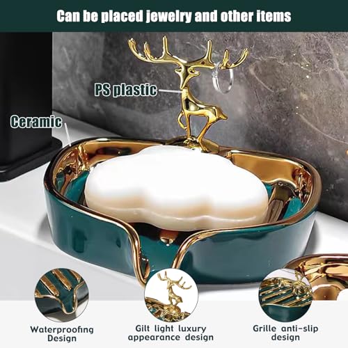 Soap Dish, Luxurious Ceramic Soap Dish Self Draining Soap Holder Tray Easy Cleaning Soap Saver for Shower Bathroom Kitchen Sink Bathtub Hotel Travel(Green Painted in Gold) - color: Green Painted in Gold