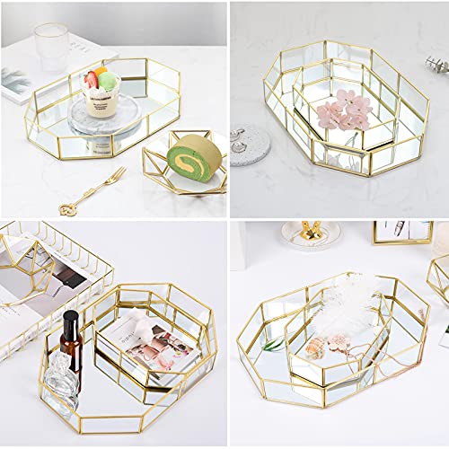 Hipiwe Gold Perfume Tray - Glass Mirror Makeup Tray Ornate Vanity Tray Dresser Tray Jewelry Trinket Organizer Tray for Bathroom Storage Tray for Home Decor,12.4"x 8.5" - size: 12.4" x 8.2" x 2"