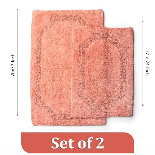 voyzz home Set of 2 Reversible Bath Rug 20x32 inch -17x24 inch | 100% Cotton Hand Tufted Soft & Absorbent Bath Mat|Washable Quick Dry Shaggy Shower Mat | Non-Slip Mordern Bathroom Decor | Peach… - color: Peach Shaggy Set of 2 20x32-17x24