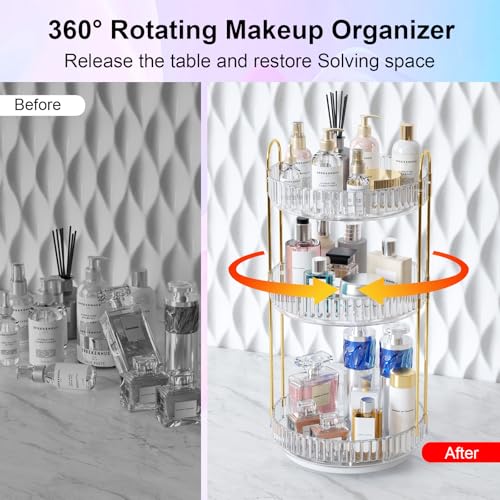 GTI 360°Rotating Makeup Organizer, 3 Tier Large Capacity Perfume Cosmetics Skincare Vanity Organizers,Bathroom Counter Organizer, Dresser Spinning Countertop Organizer and Storage for Women (Clear) - color: Transparent